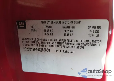 2004 Pontiac Sunfire z USA, uszkodzony, nr VIN 1G2JB12F147350860